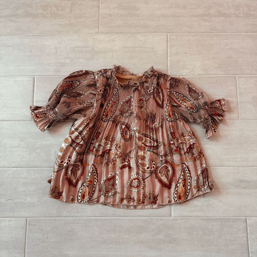 Letrueke Anthropologie Accordion Paisley Mock Neck Top Small Pleated Flowy Pink